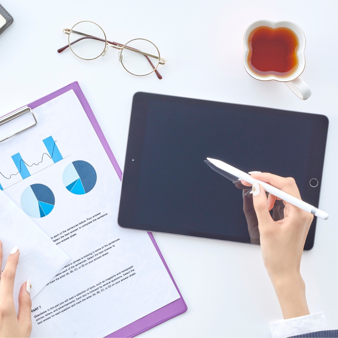 Full system setup and configuration process shown with digital tablet, analytics report, and workspace tools