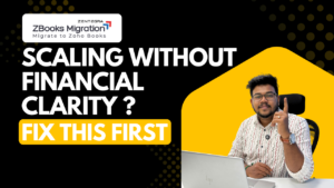 A ZBooks Migration consultant pointing upward beside text that reads “Scaling Without Financial Clarity? Fix This First” on a black and yellow business-themed background.