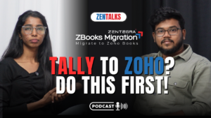 Two professionals discussing Tally to Zoho migration steps in a podcast setup
