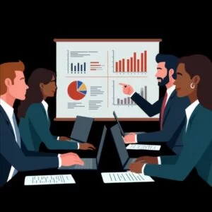 Team of professionals discussing business strategy in a meeting with charts and graphs displayed on a presentation screen