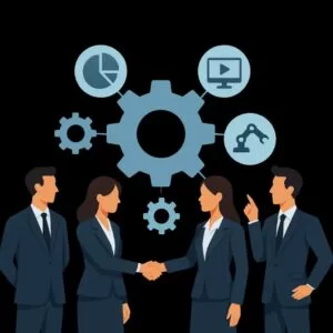 Business professionals shaking hands with automation gears and digital process icons representing workflow automation and collaboration