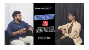 Two professionals discussing whether to integrate or migrate systems in a business podcast setup
