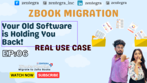 Two professionals promoting Zoho Books migration with message about outdated software holding businesses back