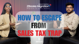 Zentegra podcast discussing how to escape sales tax compliance challenges using Zoho Books migration with two speakers in a studio setup