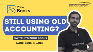 Professional promoting Zoho Books migration with message about switching from old accounting systems