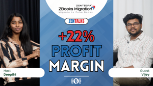 Zoho Books profit margin feature thumbnail showing Deepthi and Vijey discussing a 22 percent increase in profit margin in Zentalks episode